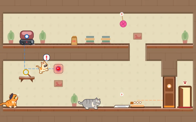 A level in the Cat Café: Biscuit pounces at the laser dot while Grandpa Tom has a nap