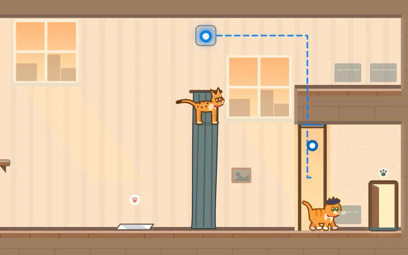 An Endless Tower room: Rocket balances on a curtain while your cat waits by the door